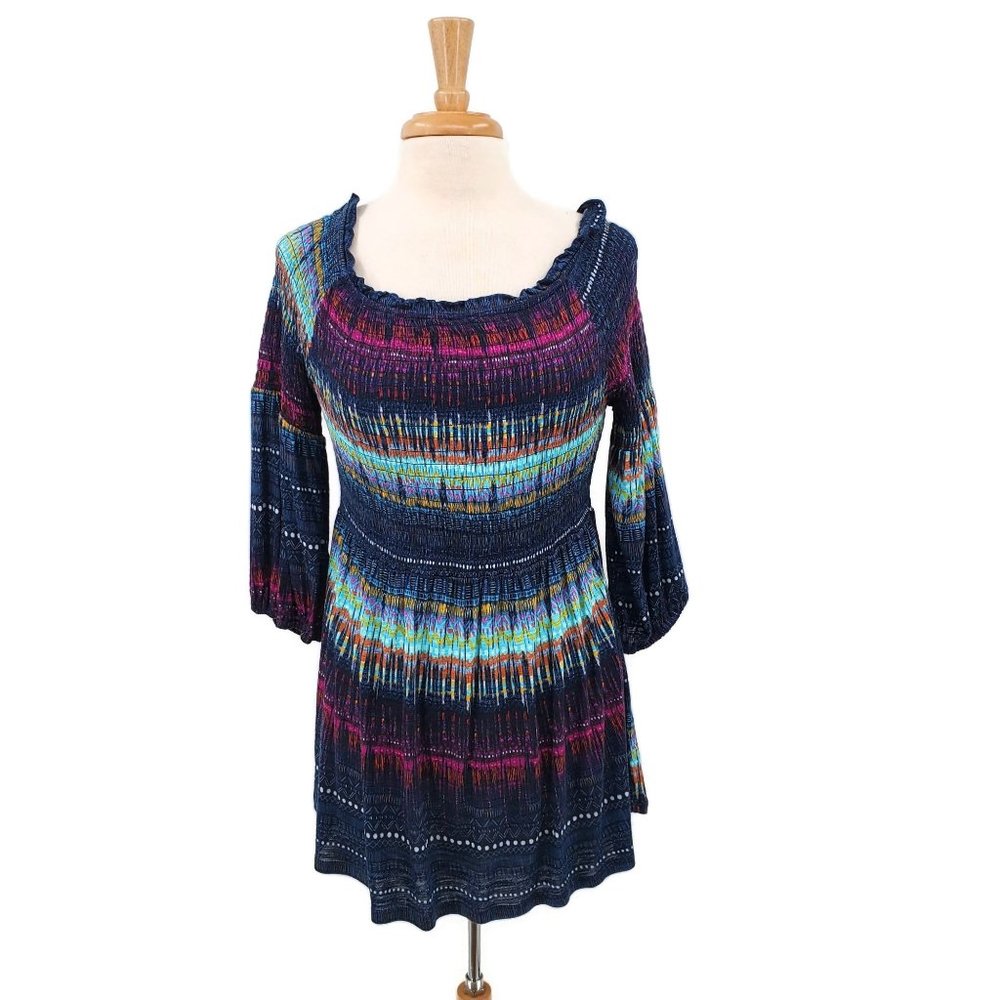 Cupio Boho Tunic Dress Womens Large Multicolor Multi-Print 3/4 Sleeve Viscose